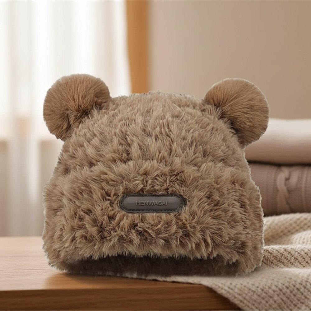 Cute Fuzzy Bear Ears Beanie Hat for Women Furry Beanie with Pom Pom Winter Warm